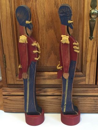 2 Vintage Hand Painted Carved Wooden Soldiers,  Red & Blue Uniform,  Marching,  18 