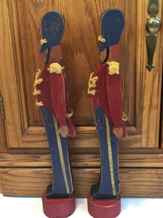 2 Vintage Hand Painted Carved Wooden Soldiers,  Red & Blue Uniform,  Marching,  18 