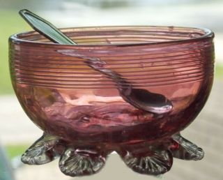 Antique Cranberry Glass Open Salt Paw Feet & Rim Stripes Plus Salt Spoon