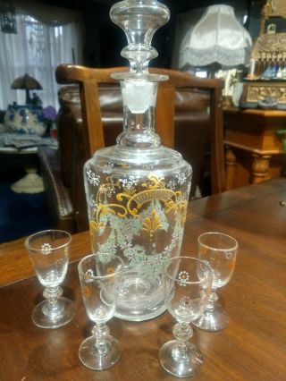 Hand Painted Crystal Glass Decanter With 4 Glasses,  Hand Blown Signed 12 Beauty