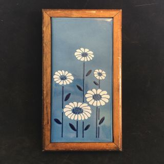 P61 - Vintage Tile Art " Noro " Tile Framed White Flowers On A Blue Background Art