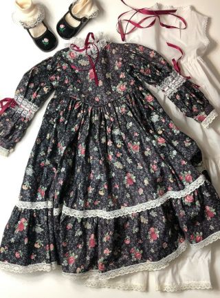 Vtg Large Black Floral Doll Dress Clothes Shoes Socks Full Slip Fits 30” Doll