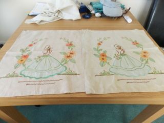 Matching Vintage Linen Crinoline Lady Embroidery Cushion Covers/cases