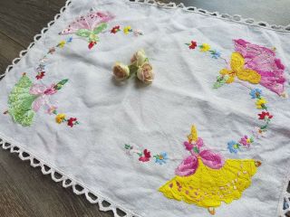 FABULOUS Vintage Hand Embroidered Linen Traycloth with Crinoline Ladies 3