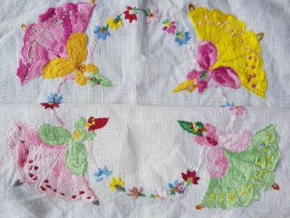 FABULOUS Vintage Hand Embroidered Linen Traycloth with Crinoline Ladies 4