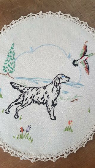 Vintage Hand Embroidered Hunting Dog & Duck Cream Doily