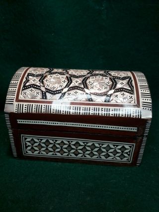 Vintage Middle Eastern Marquetry Inlaid Mother Of Pearl Casket Chest Style Box