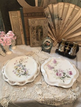 2 Antique Carl Tielsch C.  T.  Germany Porcelain Trivets Shabby Cottage Chic Pinks 2