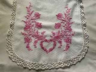 Vintage Adorable Pink Floral Hand Made Embroidery Crochet Lace Hem Tea Towel