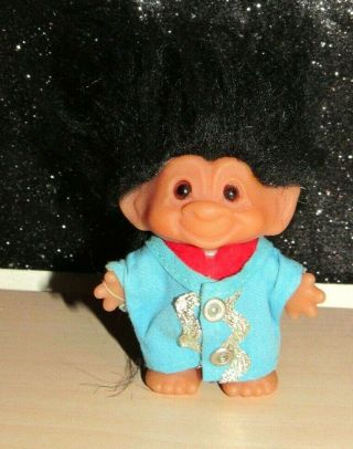 Vintage 1965 Dam Things 3 Inch Troll Doll Black Hair Felt Clothes Great Cond