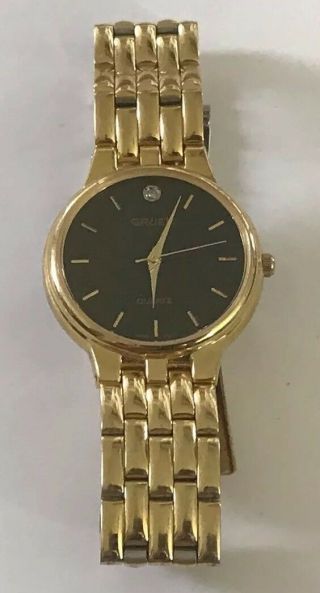 Vintage Women’s Gruen Quartz Watch,  Black Dial,  Gold Tone