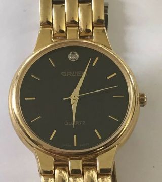 Vintage Women’s GRUEN Quartz Watch,  Black Dial,  Gold Tone 2