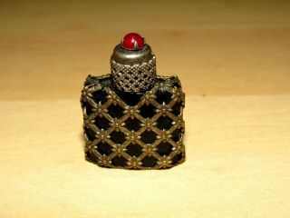 Vintage Mini Perfume Bottle Silver Overlay Red Jeweled Dauber Made France