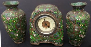 Antique 19c Miniature 5 " Green Cloisonne Enamel Clock Garniture Set 2 Vase Urn
