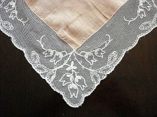 Antique French Style Linen Hanky Pumpkin W/cream Embroidered Lace Trim 11 1/2 "