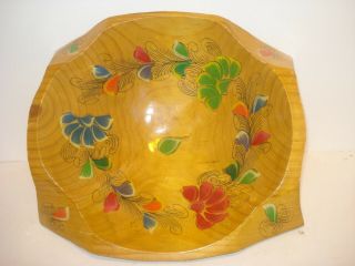 Vintage - Large Carved Wooden Bowl Round Hand - Painted Floral Design Mexico -