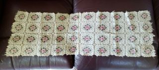 Vintage Cream And Pink Rose Embroidered Lace Dresser Scarf/doily,  40 Inches