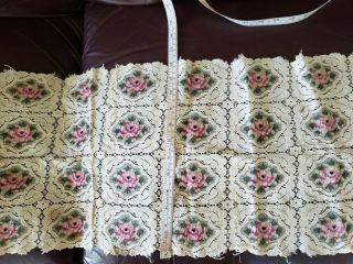 Vintage Cream and Pink Rose Embroidered lace dresser scarf/doily,  40 inches 2