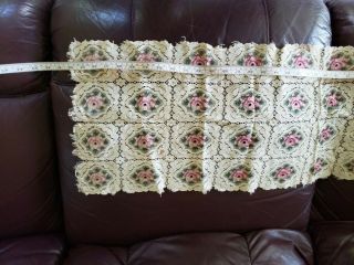 Vintage Cream and Pink Rose Embroidered lace dresser scarf/doily,  40 inches 3