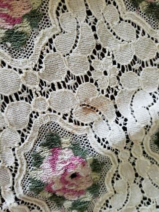 Vintage Cream and Pink Rose Embroidered lace dresser scarf/doily,  40 inches 4