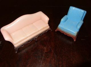 Vtg A Renwal Living Room Pink Couch/sofa & Blue Chair Doll House Furniture L - 76