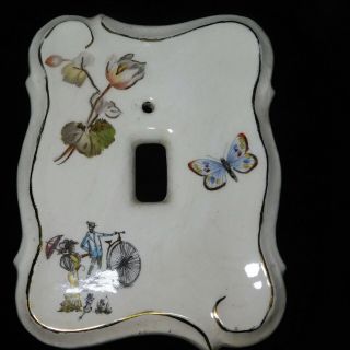 Vintage Porcelain Ceramic Switch Cover Plate White Floral Blue Butterfly
