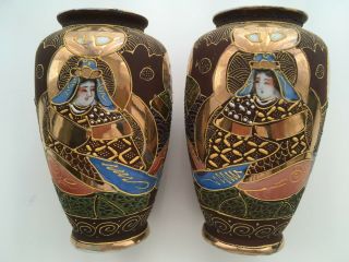 Vintage Japanese Pair Hand Painted Satsuma Porcelain Vases