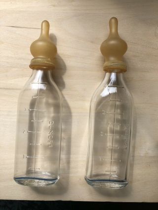 2 Vintage Antique 4 Oz Round Glass Baby Bottles Pull - On Nipple