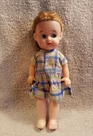 Vintage Doll Blinking Eyes,  8.  5 " Tall,  Factory Dress,  Soft Vinyl,  Japan