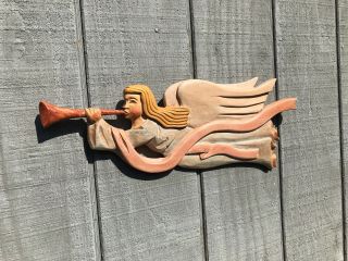 20 " Wall Hanging Wood Carved Flying Angel W Trumpet Banners Primitive Signage