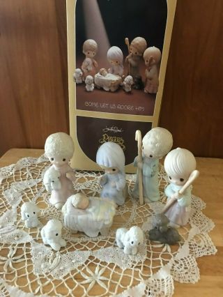 Precious Moments " Come Let Us Adore Him " 9 Pc.  Porcelain Nativity Set - 1979