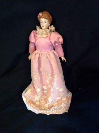 Antique Porcelain Mini 8 " Tall Doll Vintage Victorian Pink Lacey Dress