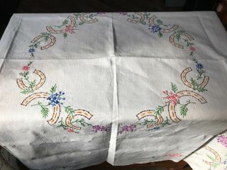 Vintage Hand Embroidered Cotton / Linen Table Cloth - 50 " Square Floral Design