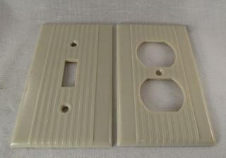 Vintage Leviton Ivory Art Deco Ribbed Outlet & Single Toggle Switch Plate Cover