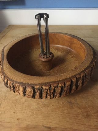 Vtg Rustic Nut Bowl Wood Bark 9” Diameter Mid Century With Nutcracker
