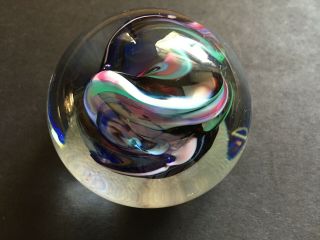 Signed Art Glass Paperweight - Swirl Design Of Cobalt Blue,  Pink,  Green,  White