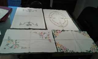 Vintage 4 Linen & Cotton Hand Embroidered Tray Cloths Crinoline Lady Flowers