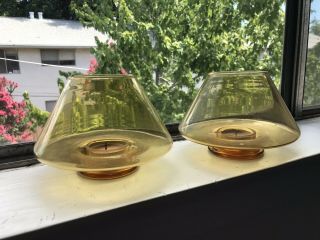 Vintage Mid Century Modern Tea Light Set Of 2 Yellow Glass