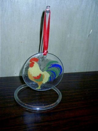 Vintage Round Hand Painted Glass Rooster Ornament With Acrylic 7 1/2 " Stand