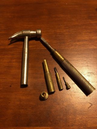 Antique 5 In One Hammer & Brass Screwdriver Multi - Tool,  Pocket Screwdrivers