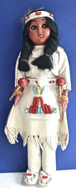 Vintage Native American Indian Girl Squaw Doll Beaded Leather W Papoose