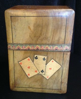 Antique / Vintage Marquetry Work Wooden Playing Card Box For 2 Packs Of Cards