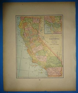 Vintage Circa 1895 California Map Old Antique Atlas Map S&h