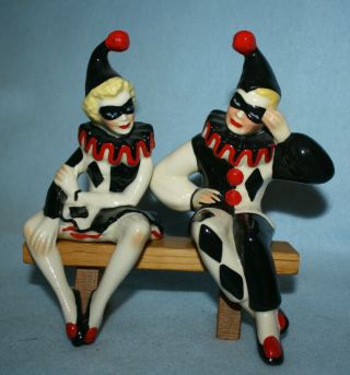 Mid - Century Vtg Ceramic Arts Studio Harlequin Clown Figurines Pierrot & Pierette