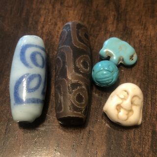 5 Tibetan & Chinese Dzi Prayer Beads Asian Old Antique Buddhism Porcelain Stone