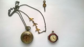 Vintage Red Enamel Old Watch And One Other Pendent Watch And One Key