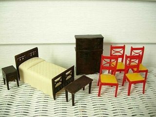 Vintage 1940s Renwal Dollhouse Furniture,  Twin Bed,  Night Stand,  Bureau,  Bench,