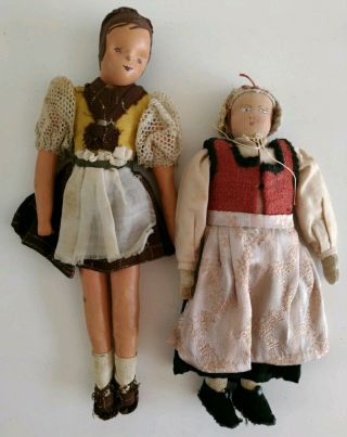 Vintage Hand Made Artist Dolls Clay & Wood Head Cloth Body Antique