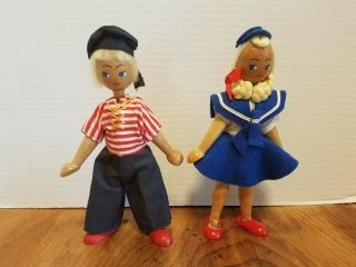 2 Vintage Wooden 7.  5 " Dolls Boy & Girl Sailor Dutch Poland Movable Joints