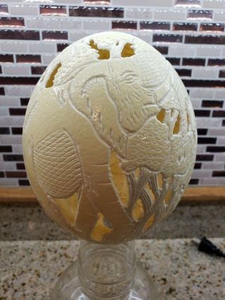 Hand Carved Ostrich Egg Elephant In The Jungle Signed